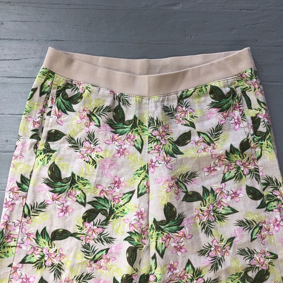 J Jill 100% Linen Pants Size L Flax Orchid Floral Tan Green Wide Leg Crop - Picture 2 of 12